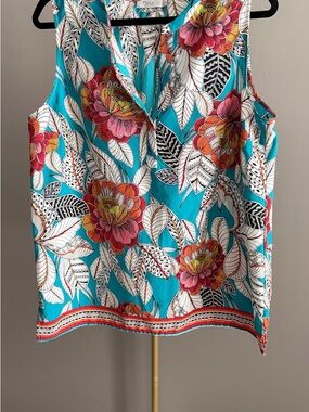 Dalia XL Sleeveless Floral Blouse Teal White Lightweight Spring Summer Top